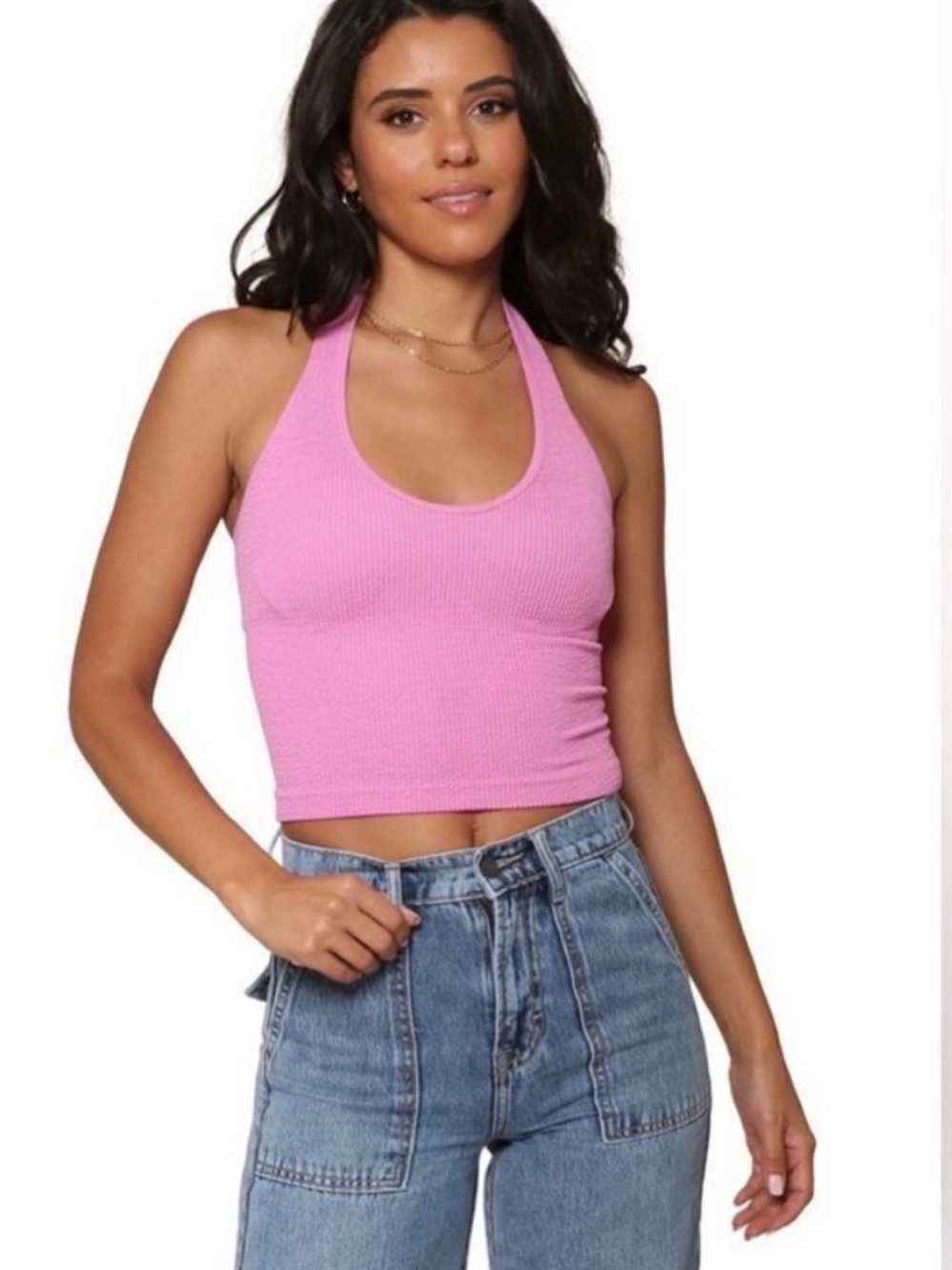 Suzette Collection Seamless Smocking Halter Top One Size Fits Most Pink C27-080